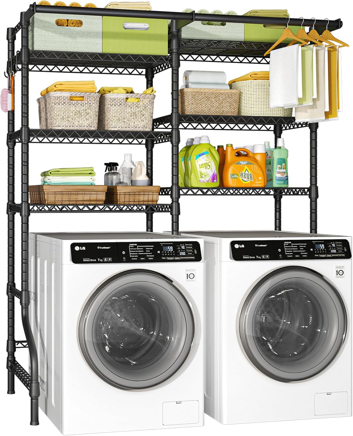 Ulif U13 Medium Over Washer and Dryer Storage Shelves, 6 Tiers Laundry Room Standing Shelf with 2 Hanger Rods, Space Saver Clothes Drying Rack, 57.8" W x 22" D x 77.4" H, Black - NestledHome