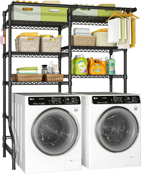 Ulif U13 Medium Over Washer and Dryer Storage Shelves, 6 Tiers Laundry Room Standing Shelf with 2 Hanger Rods, Space Saver Clothes Drying Rack, 57.8" W x 22" D x 77.4" H, Black - NestledHome