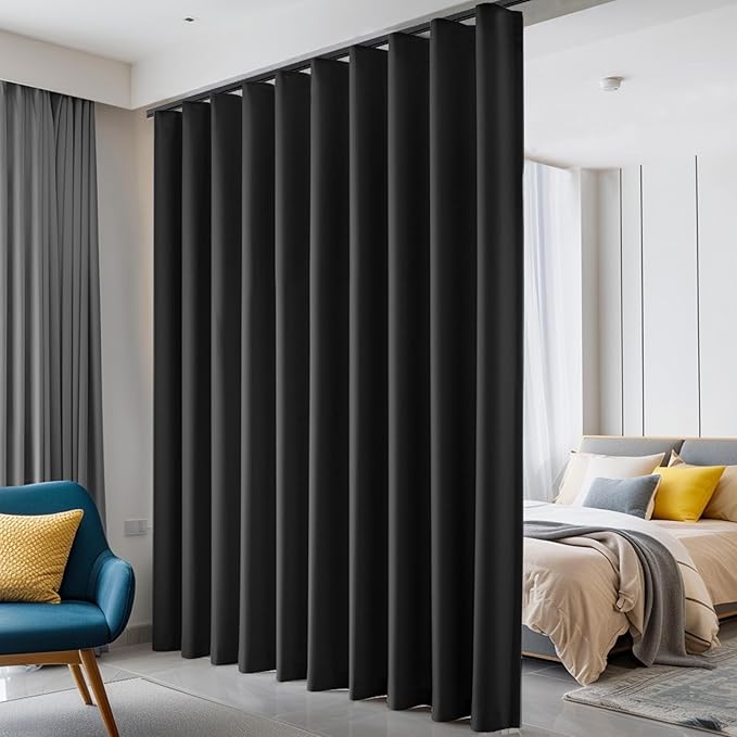 Room Divider Curtains Blackout Floor to Ceiling Curtain with Hook Wall Mount Sliding Door Curtains Ceiling Mount Extra Wide Curtain Wall Divider for Room Separation (Black, W180 x H108 Inch)