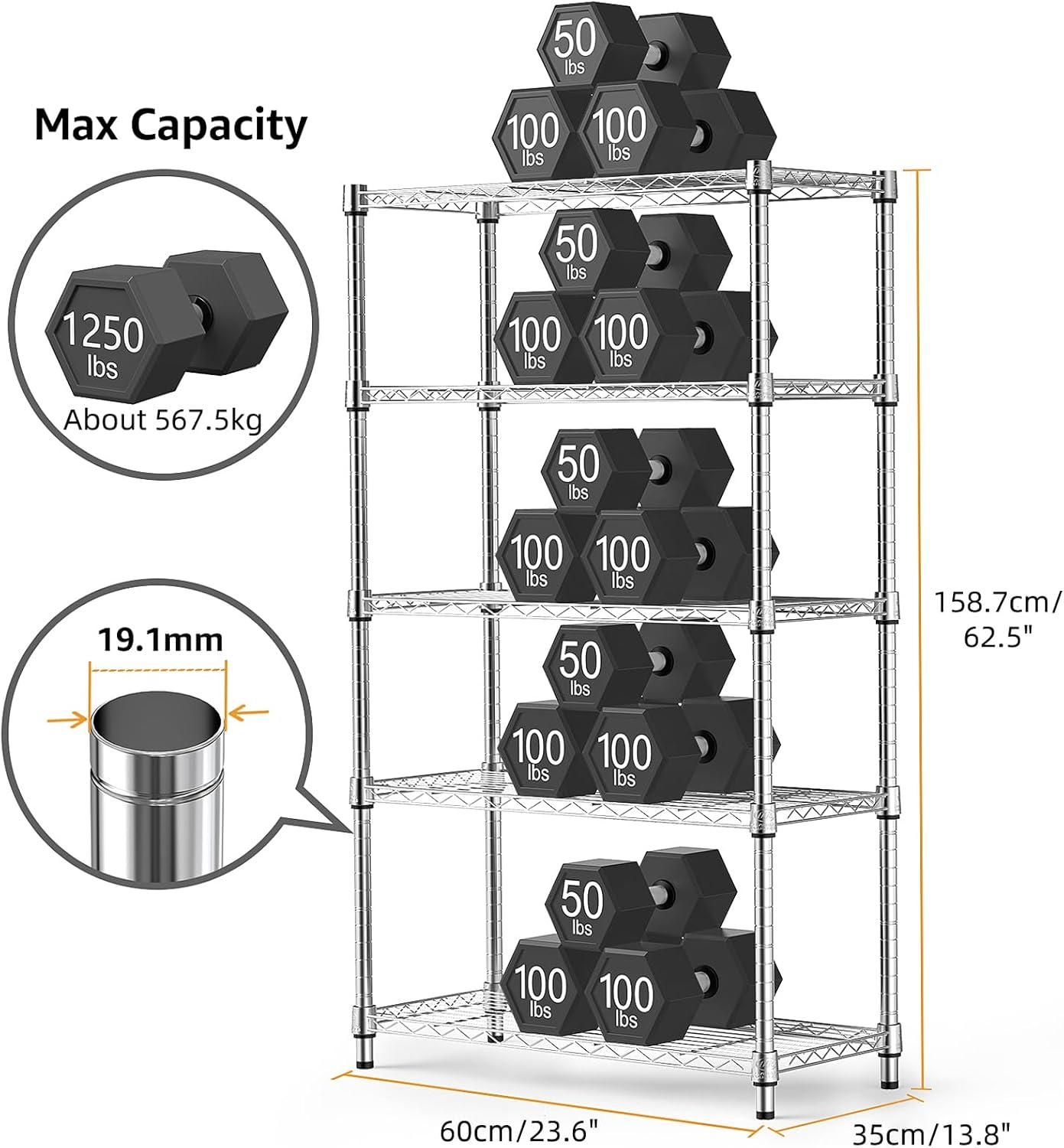 1250 lbs Steel Heavy Duty 5-Tier Utility Shelving Unit Steel Organizer Wire Rack for Home,Kitchen,Office,Chrome (13.7" D x 23.6" W x 62.4" H) - NestledHome