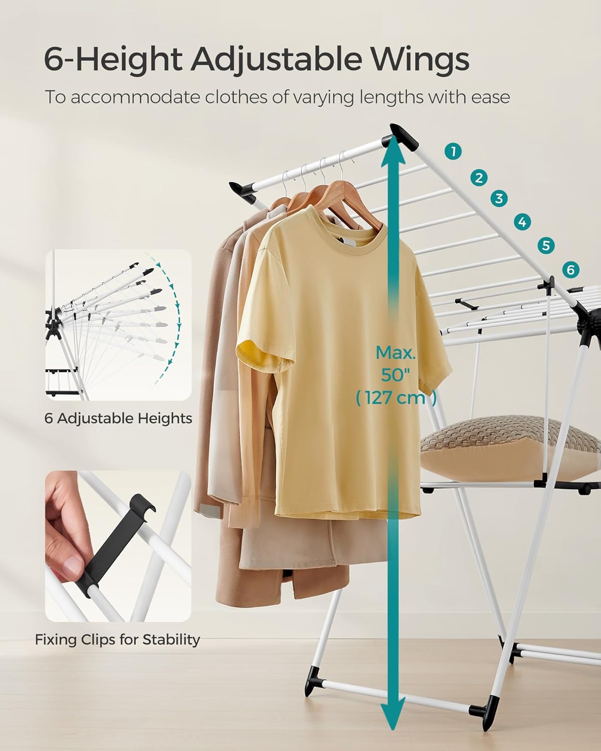 SONGMICS Clothes Drying Rack, Foldable 2-Level Laundry Drying Rack, Free-Standing Airer, 1 Additional Tall Hanging Bar, 2 Height-Adjustable Wings, 24 Drying Rails, Space Savng, Simply White ULLR521W01 - NestledHome