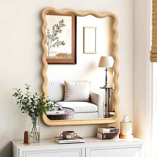 24x36 Wavy Wood Bathroom Vanity Mirror, Boho Wall Mirror with Natural Wood Frame for Over Sink, Entryway, Bedroom