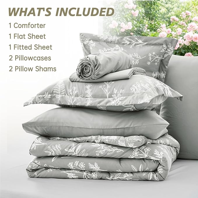 MUXHOMO Silver Grey Full Comforter Set, Elegant Floral Print Bed in a Bag 7 Pieces, Ultra Soft & Breathable Reversible Botanical Pattern Bedding Set with Comforter, Sheets, Pillowcases, and Shams