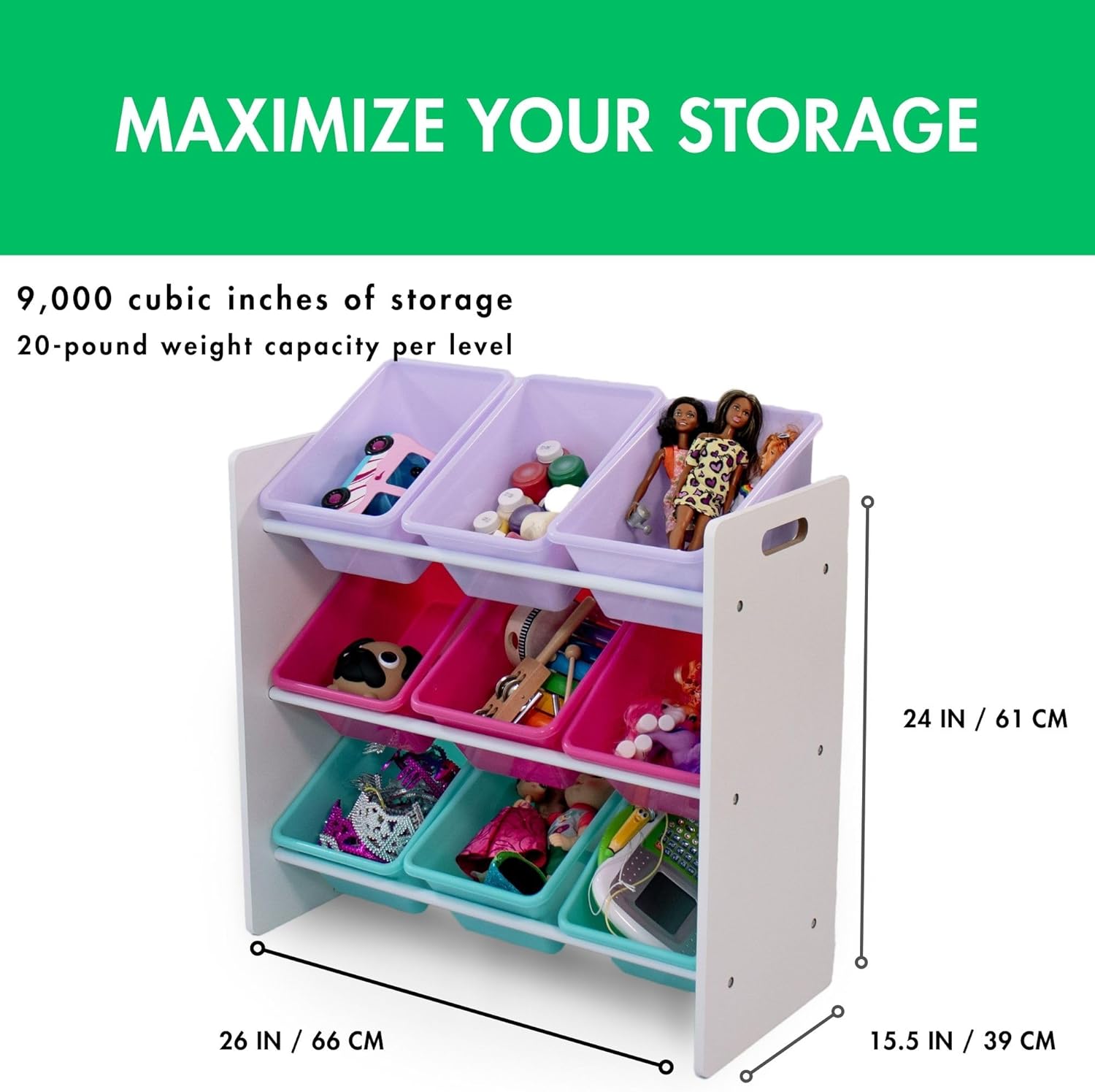 Humble Crew 9-Bin Toy Organizer – Forever Natural White/Pink/Purple/Aqua Plastic Bins, 3-Tier Storage Solution for Kids' Playrooms and Nurseries - NestledHome