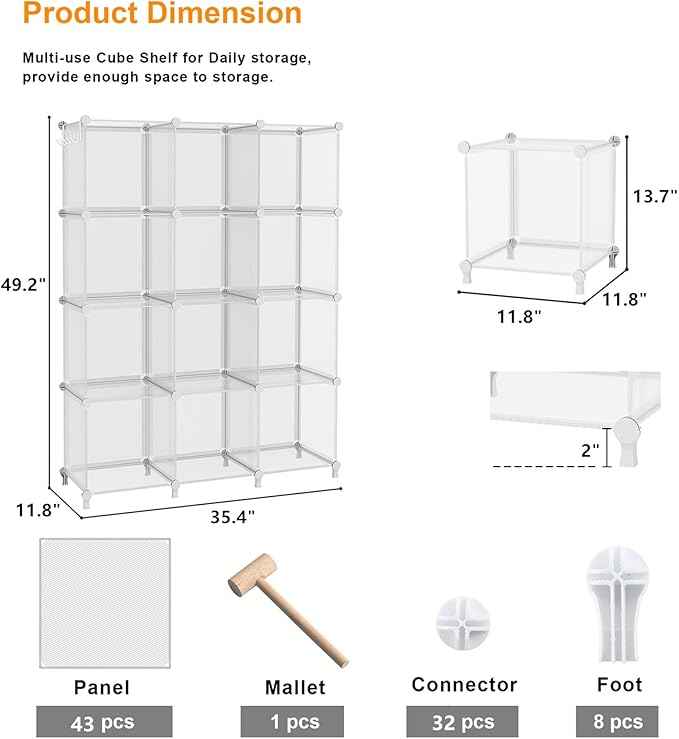 AWTATOS Cube Storage Organizer, Closet Organizers and Storage, 12 Cube Shelves Bookshelf, DIY Stackable Plastic Clothes Organizer Shelving for Bedroom, Home, Transparent Twill