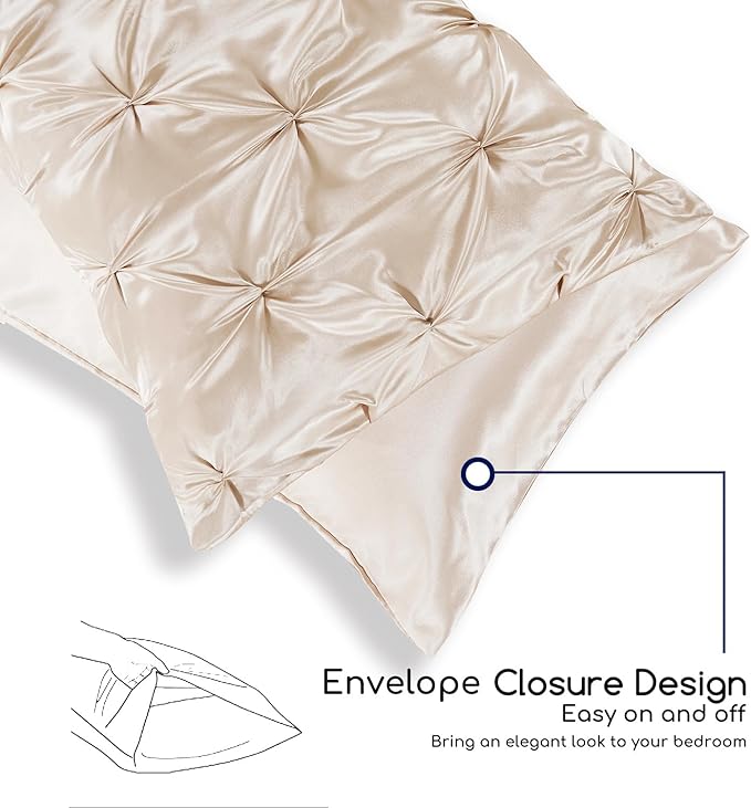 MR&HM Satin Comforter Full 7 Pieces - Luxurious Pinch Pleat Bedding Set with Comforter, Flat Sheet, Fitted Sheet, Pillowcases & Shams, Super Silky Soft Bed Set for All Season (Full, Beige)