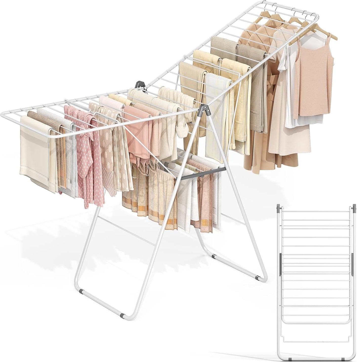 APEXCHASER Clothes Drying Rack, Oversized Drying Rack Clothing with Height-Adjustable, Foldable Gullwings Metal Laundry Rack, Indoor Outdoor Use, No Assembly, White - NestledHome
