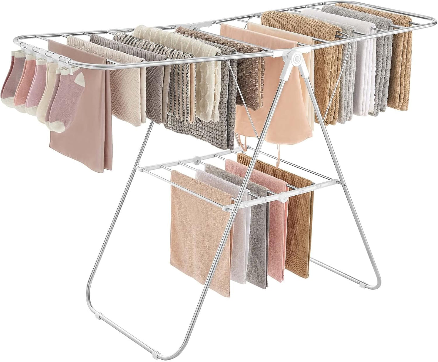 SONGMICS Clothes Drying Rack, with Sock Clips, Metal Laundry Rack, Foldable, Space-Saving, Free-Standing Airer, with 2 Height-Adjustable Gullwings, Indoor Outdoor Use, Silver and White ULLR052W01 - NestledHome