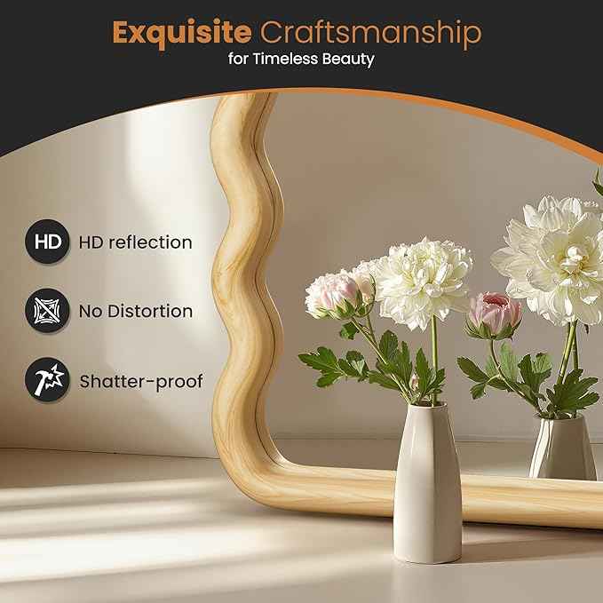 24x36 Wavy Wood Bathroom Vanity Mirror, Boho Wall Mirror with Natural Wood Frame for Over Sink, Entryway, Bedroom