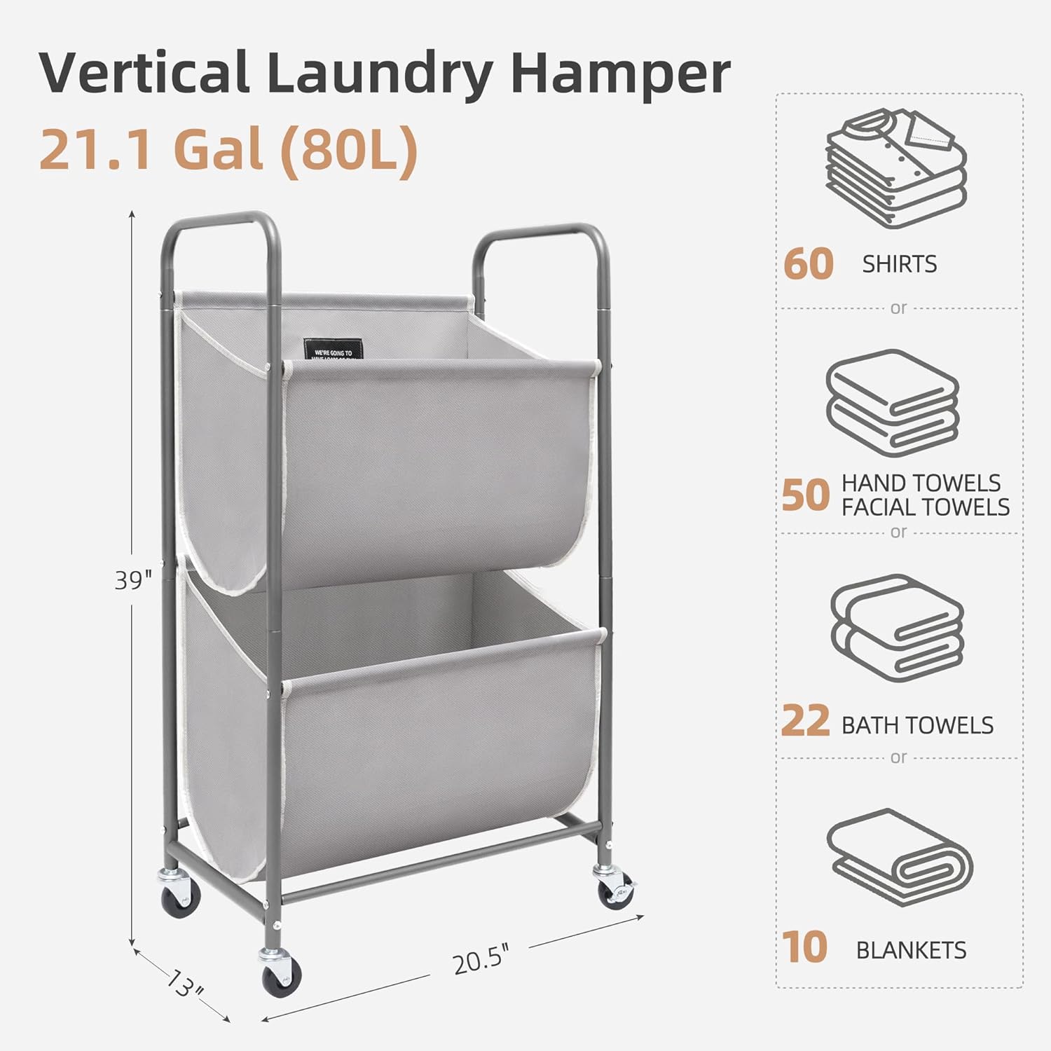 STORAGE MANIAC 80 Liters Vertical Rolling Laundry Hamper, 2 Section Laundry Sorter with Wheels and 2 Breaks, 2-tier Laundry Baskets for Small Space, Dorm, Laundry Room, Closet, Bathroom, Gray 2-tier - NestledHome