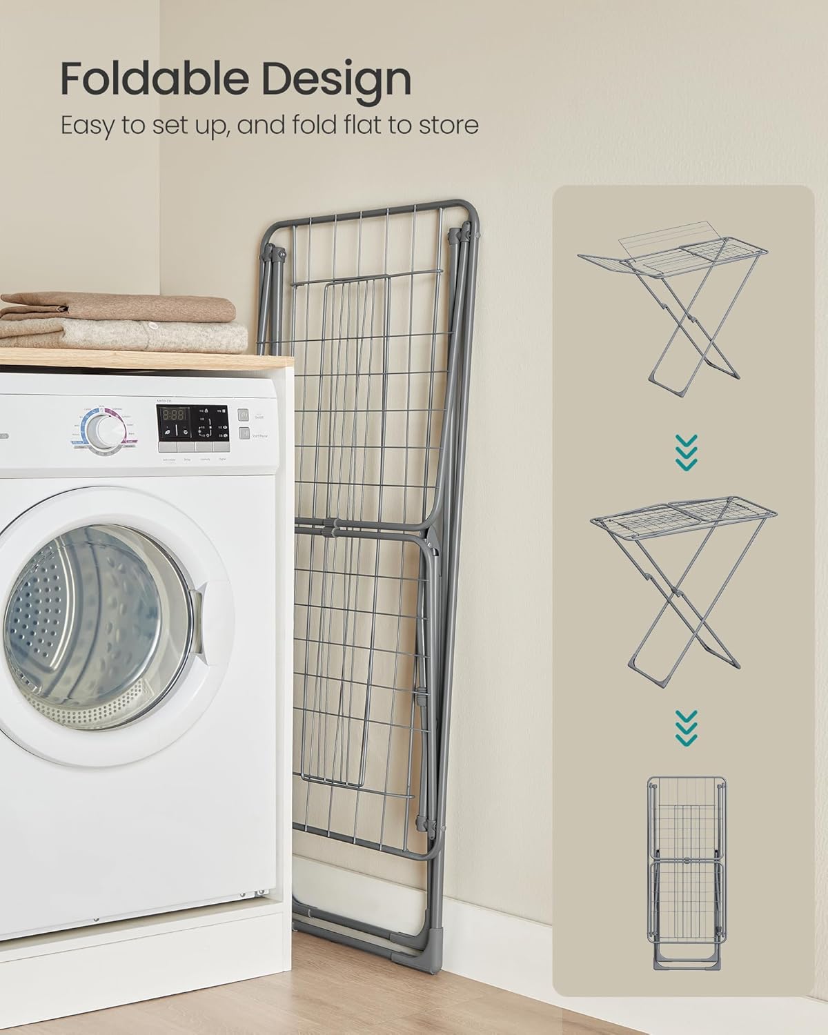 SONGMICS Clothes Drying Rack, Metal Laundry Drying Rack, Foldable, Space-Saving, Free-Standing Airer, with 4 Gullwings, Indoor Outdoor Use, Bed Linen Clothing, Gray ULLR541G01 - NestledHome