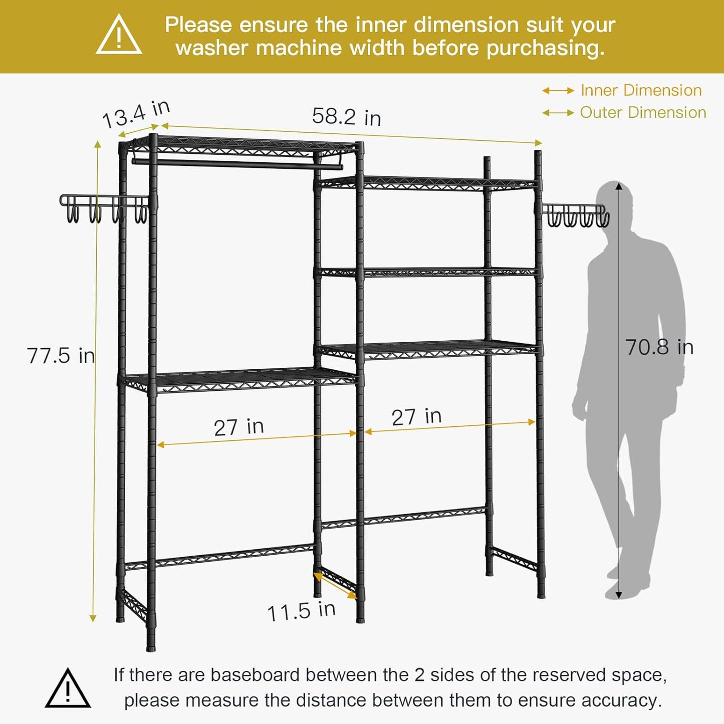 Ulif U5 Over the Washer and Dryer Storage Shelf, Laundry Room Space Saver Bathroom Storage and Organizer Rack for Hanging Towels and Drying Clothes with 5 Wire Shelves, 58.2"W x 13.4"D x 77.5"H, Black - NestledHome