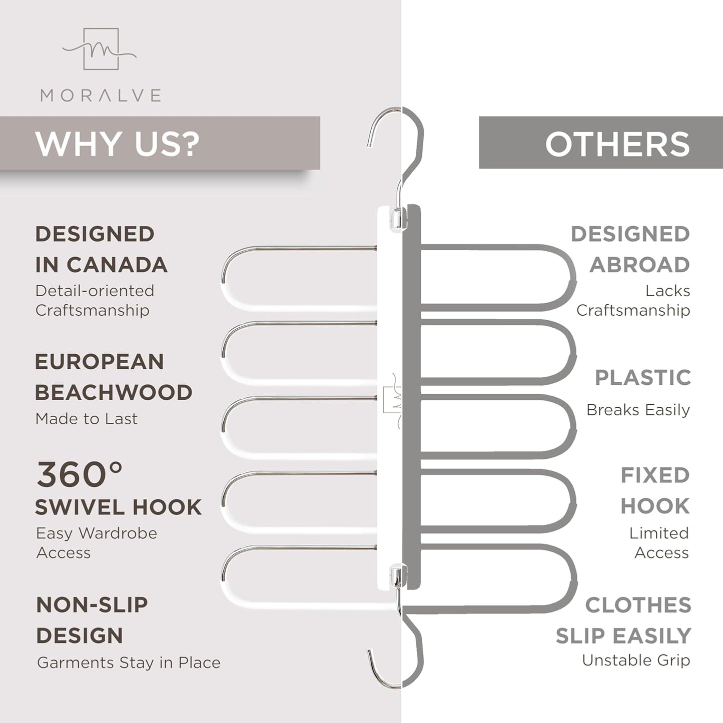 MORALVE Pants Hangers Space Saving - 2 Pack European Beechwood Scarf and Jean Hangers - Closet Organizer and Space Saver Pant Rack, Leggings Hanger, and Scarf Holder with 360° Swivel Hook - NestledHome