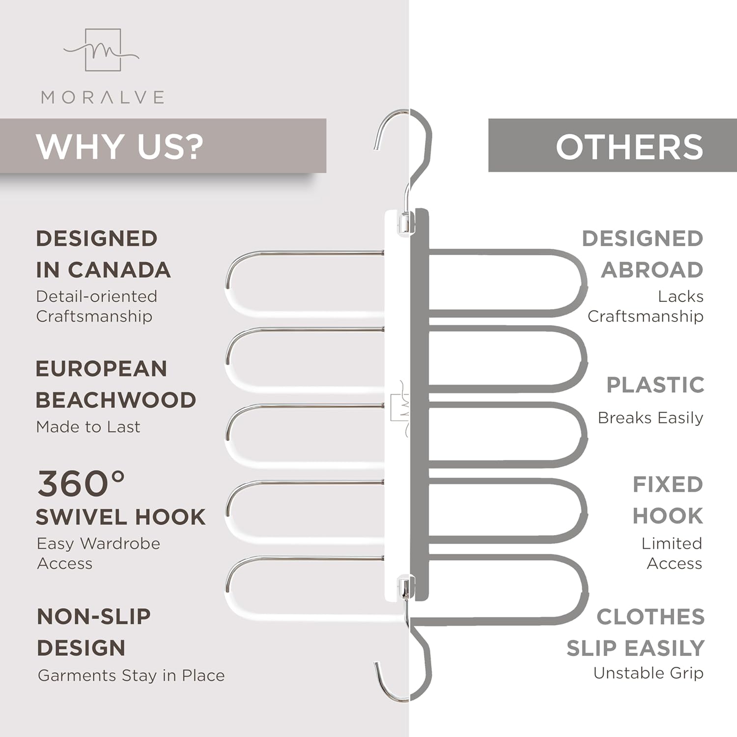MORALVE Pants Hangers Space Saving - 2 Pack European Beechwood Scarf and Jean Hangers - Closet Organizer and Space Saver Pant Rack, Leggings Hanger, and Scarf Holder with 360° Swivel Hook - NestledHome