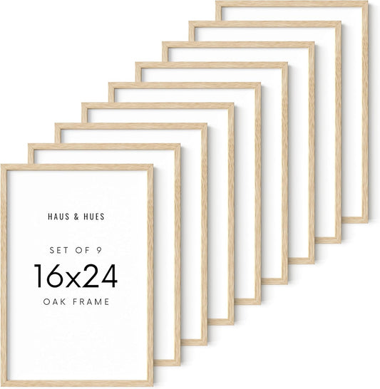 HAUS AND HUES Square Picture Frames 16 x 24 Set of 9 - Photo Gallery Wall Frame Set, Wood 16x24 Frames, 16 x 24 Frames Gallery Wall Set, 16x24 Frame with Mat, Square Frames 16x24 (Beige Oak Frames)