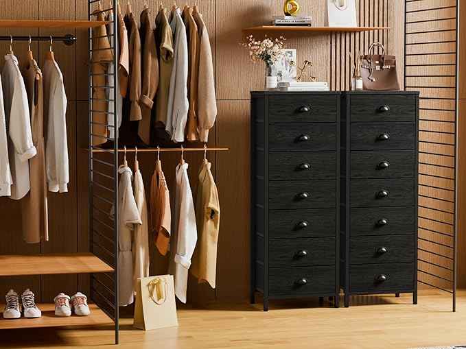 Furnulem Bedroom Dresser, Tall Chests of Drawers with 7 Fabric Bins, Black Organizer in Closet, Dorm, Living Room, Nursery, Hallyway-Storage Tower Unit, Sturdy Steel Frame