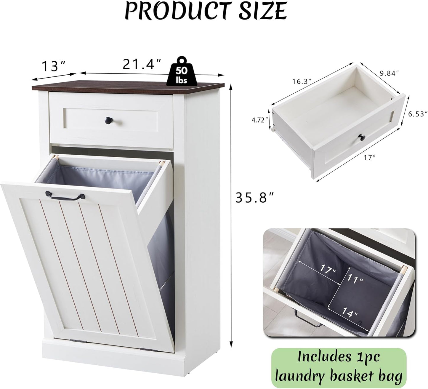 Tilt Out Laundry Hamper Cabinet, 10 Gallon Farmhouse Trash Can Cabinet with Drawer, Hidden Wood Garbage Can Bin Cabinet with Laundry Storage Basket for Bathroom, Kitchen, Antique White - NestledHome