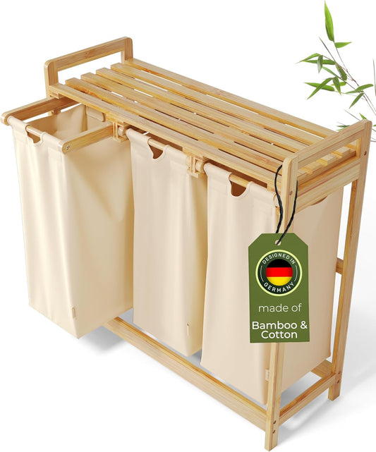 Laundry Hamper 3 Section beige - Large Bamboo Laundry Sorter with Removable Cotton Bags -Three Compartment Organizer for Clothes - Durable, Eco-Friendly, and Stylish Storage Solution for Home - NestledHome