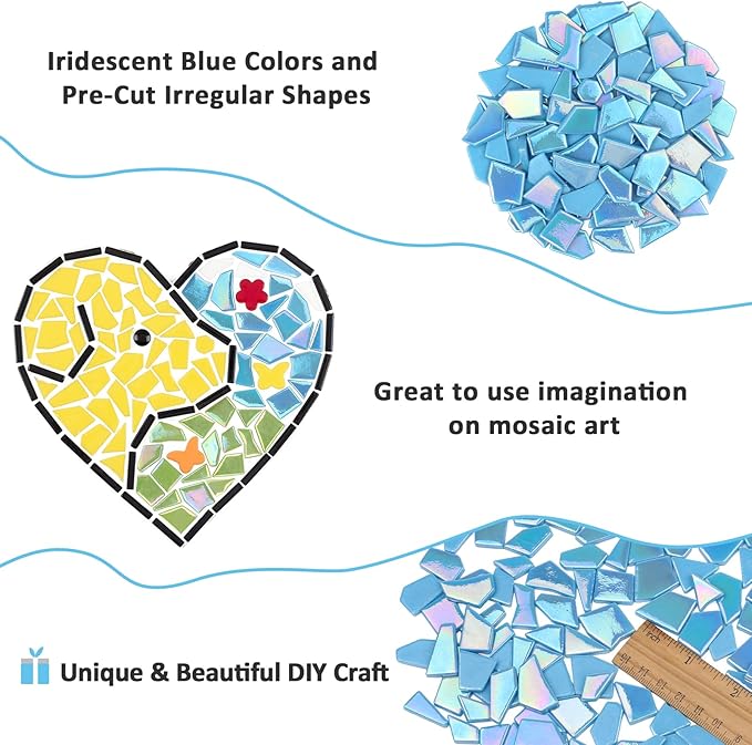Youway Style Iridescent Glass Mosaic Tiles for Crafts Bulk,200g Blue Broken Mosaic Glass Pieces for Garden Crafts Kits,DIY Mosaic Art Decor