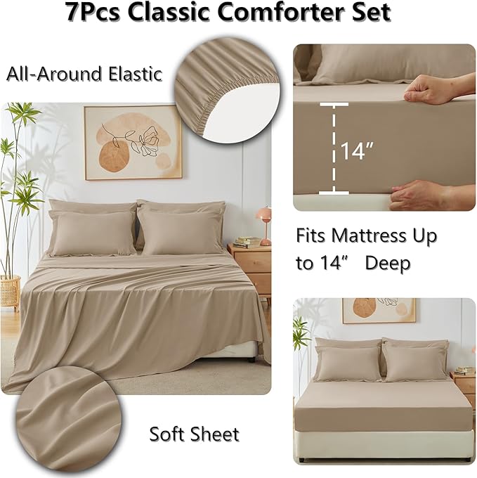 CozyLux King Size Comforter Set Taupe - 7 Pieces Bed in a Bag King, Luxury Soft Bed Set for All Seasons, Bedding Set with Down Alternative Comforter, Sheets, Pillowcases & Shams