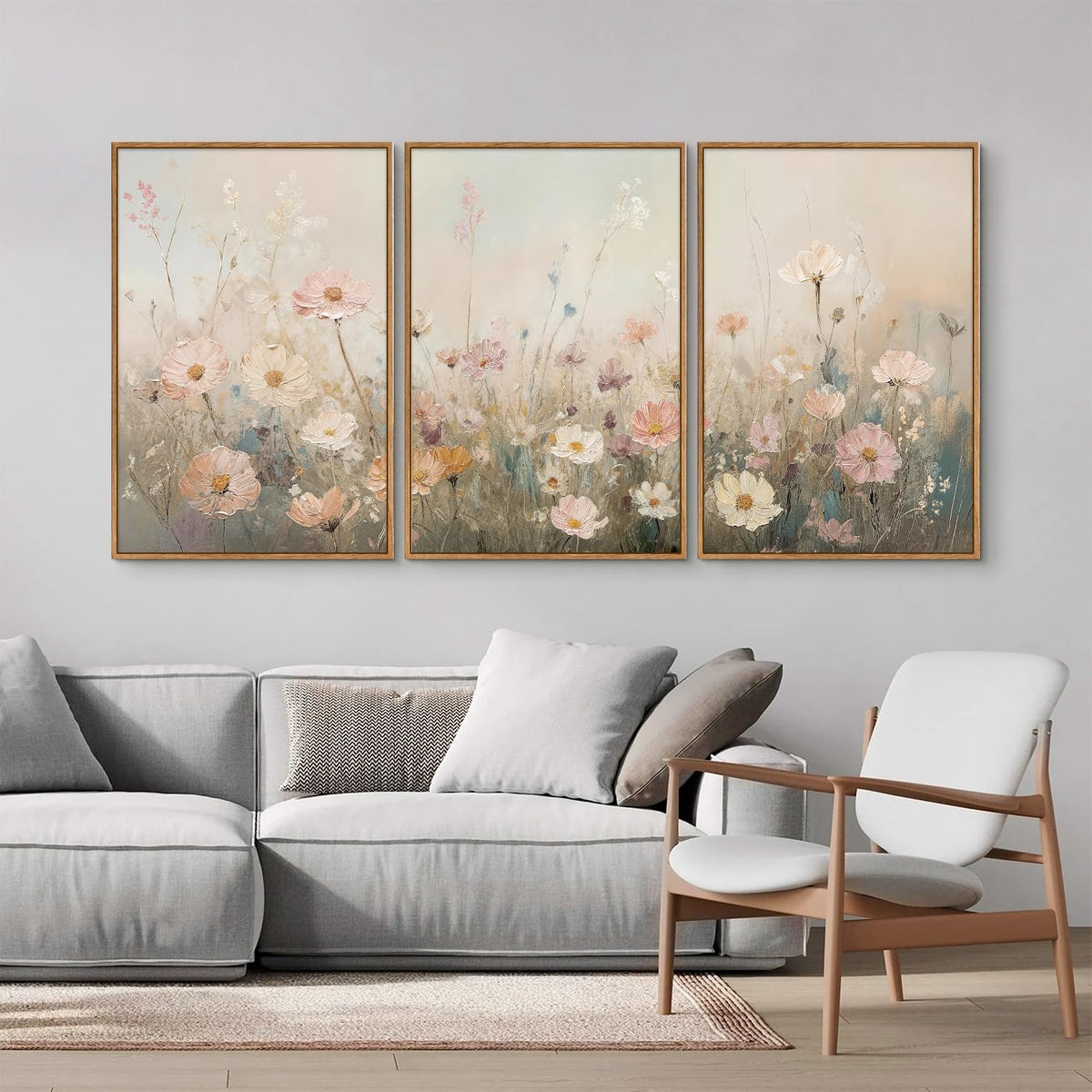 Dusty Pastel Floral Framed Canvas Wall Art Set