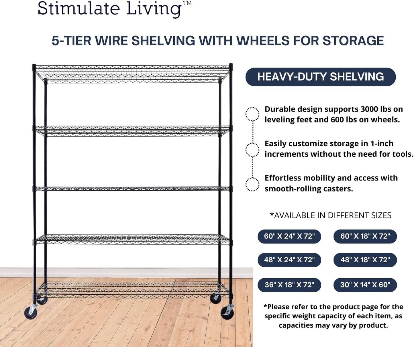 60"x24"x72" PRIME HEAVY DUTY Black 5-Tier Wire Shelving NSF 3000 LBS MAX Capacity Storage Rack for Commercial, School, Home, Garage, Warehouse, Industrial, and Hospital Uses (with Wheels) - NestledHome
