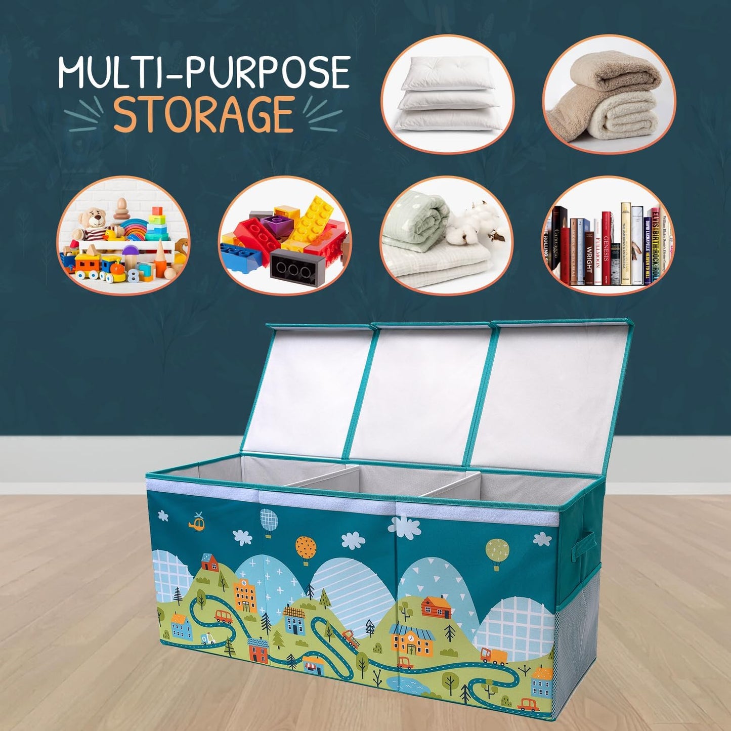 Extra Large Toy Storage Organizer with Lid - Sturdy, Collapsible Toy Chest Storage Box with Cute Design - Toys Bin with Dividers for Kids, Boys, Girls, Nursery, Bedroom, Play room 37"x16"x14" - NestledHome