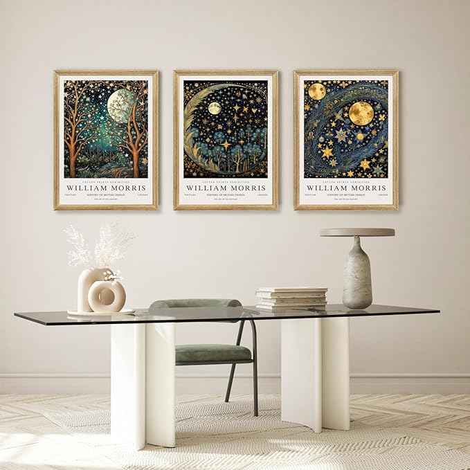 Hianan William Morris Canvas Wall Art, Vintage Gold Moon Stars Poster Prints, Many Dreamlike Stars Wall Decor, Retro Botanical Aesthetic Picture for Bedroom Living Room Office Wood Framed 12"x16"x3
