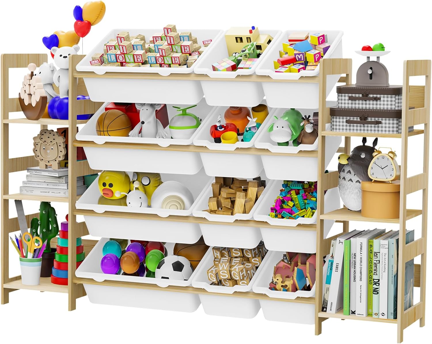 Toy Storage Organizer, with 4-Tier Toy Shelf and 12 Bins, Kids Bookshelf and Toy Storage with 6 Shelves for Kids Room Bedroom Playroom Nursery Room - NestledHome