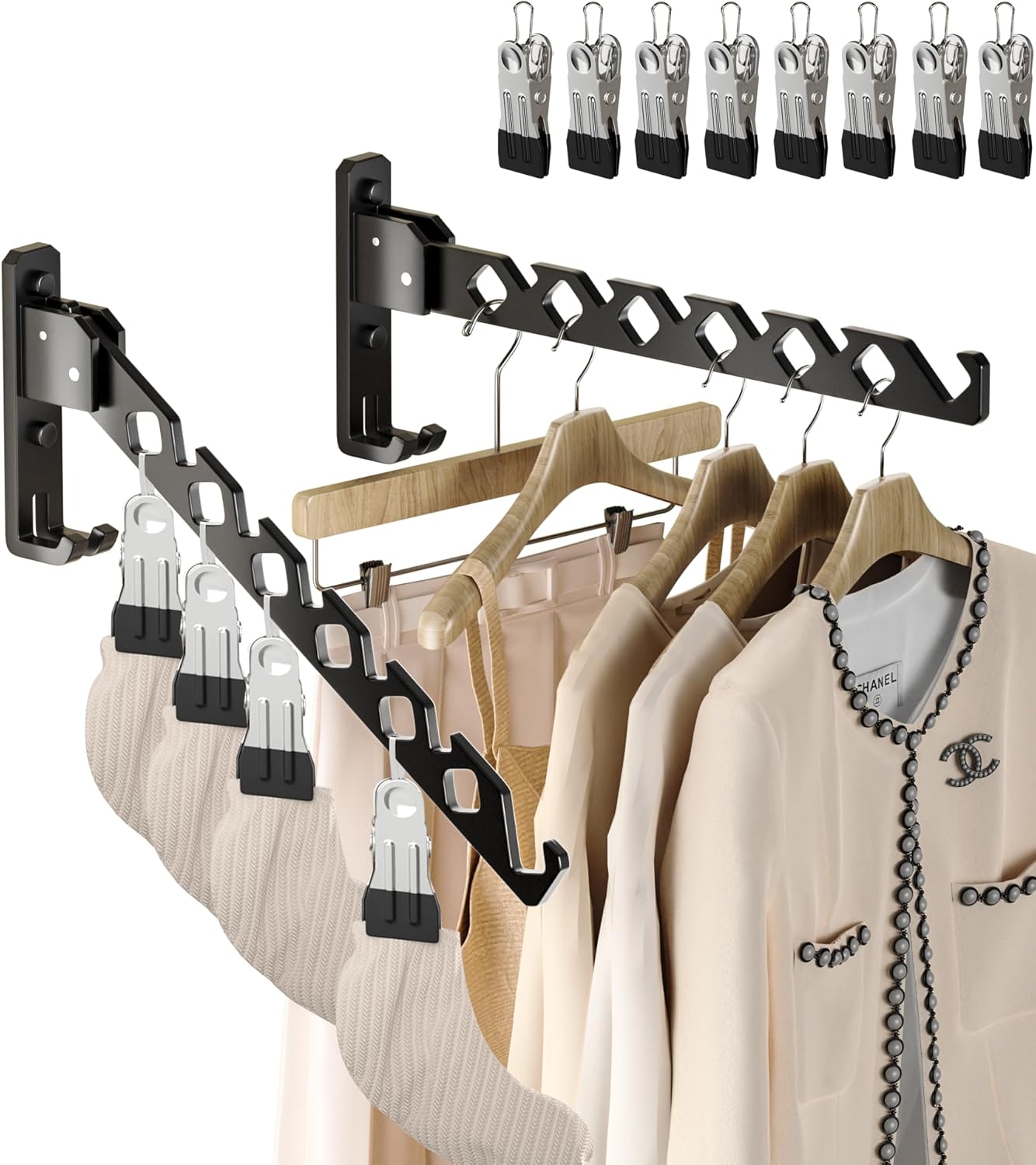 Wall Mount Coat Hanger Holder Black Clothes Drying Organizer Rack Garment Hooks Aluminium Retractable Folding Indoor Wall Mounted Hanger Space Saver for Laundry Room Bedroom Black 2 Pack with 8 Hooks - NestledHome