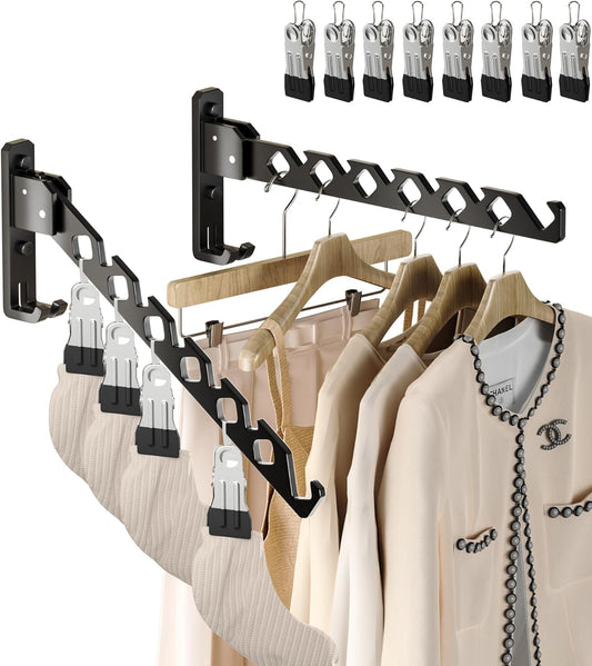 Wall Mount Coat Hanger Holder Black Clothes Drying Organizer Rack Garment Hooks Aluminium Retractable Folding Indoor Wall Mounted Hanger Space Saver for Laundry Room Bedroom Black 2 Pack with 8 Hooks - NestledHome