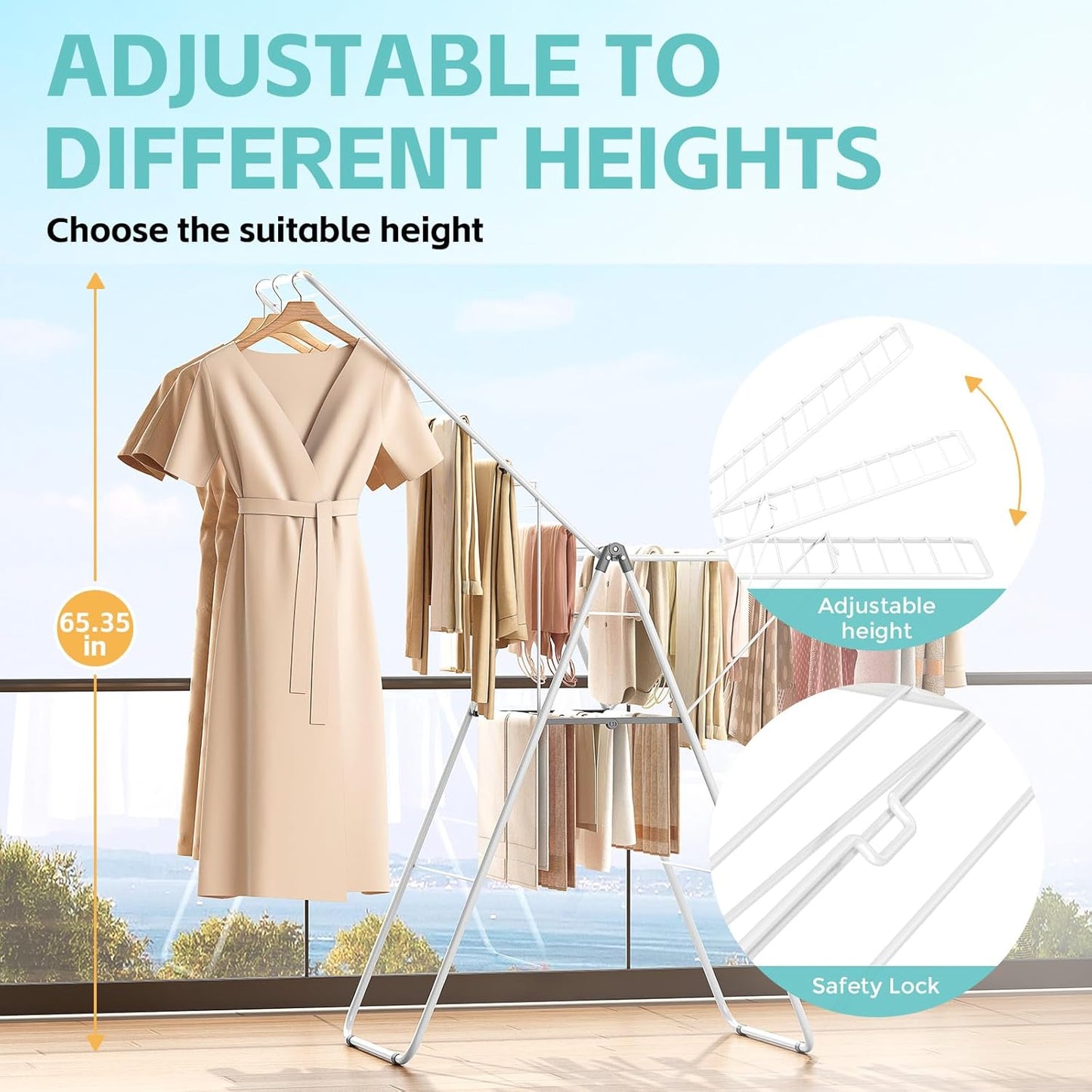 APEXCHASER Clothes Drying Rack, Oversized Drying Rack Clothing with Height-Adjustable, Foldable Gullwings Metal Laundry Rack, Indoor Outdoor Use, No Assembly, White - NestledHome