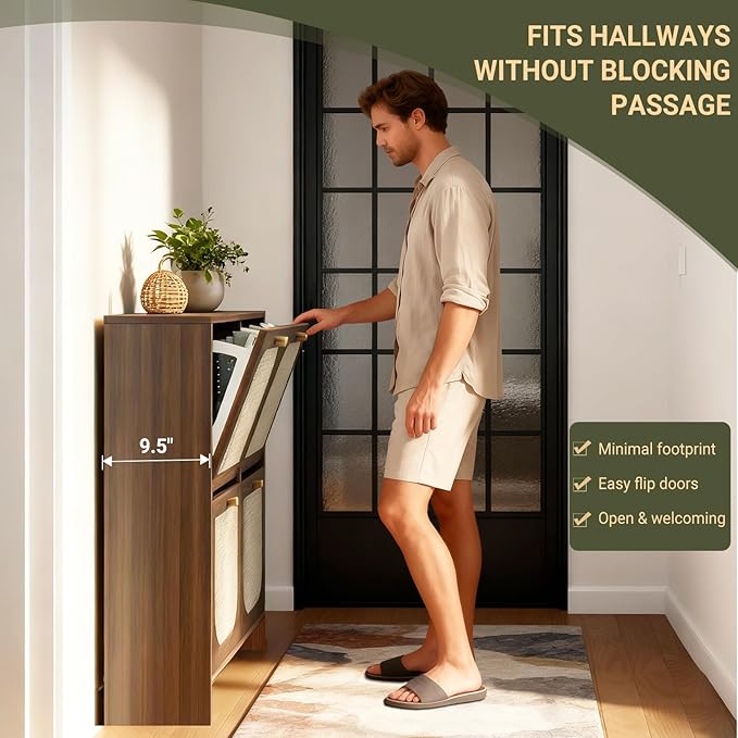 Nicetree Rattan Arched Accent Shoe Storage Cabinet - Freestanding Ultra Slim for Entryway, 4 Flip Drawers & 3-Tier Adjustable Shelves, Farmhouse Modern Rustic Shoe Rack for Hallway, Foyer, Living Room