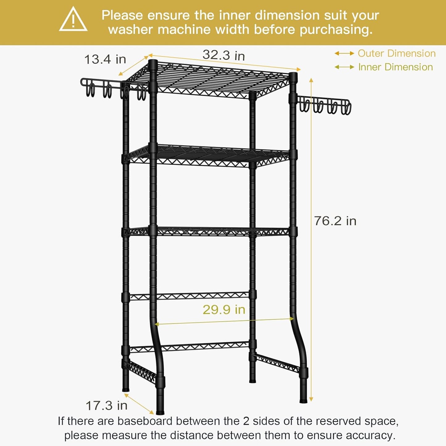 Ulif U8 Medium Laundry Room Storage Organizer, Over the Washer and Dryer Storage Shelves for Laundry Organization, 32.3”W x 17.3”D x 76.2”H, Suit Washing Machine Width within 29.9”, Hold 304 lb, Black - NestledHome