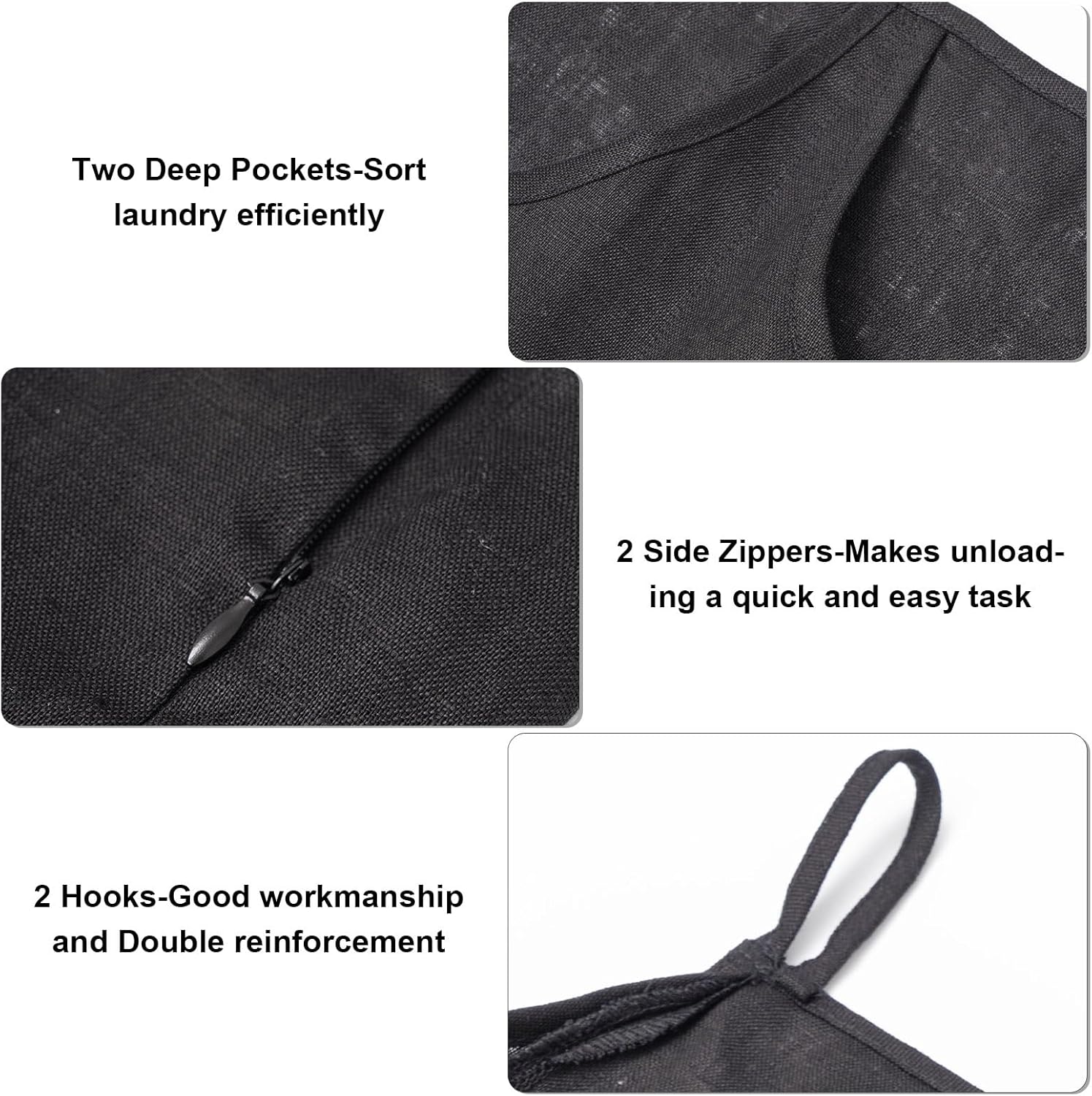 100% Pure Linen Dual Hanging Laundry Bag with 2 Deep Pocket and 2 Side Zipper 20x27in, Over The Door Laundry Hamper Space Saving Hampers for Dirty Clothes Home Travel, Black - NestledHome