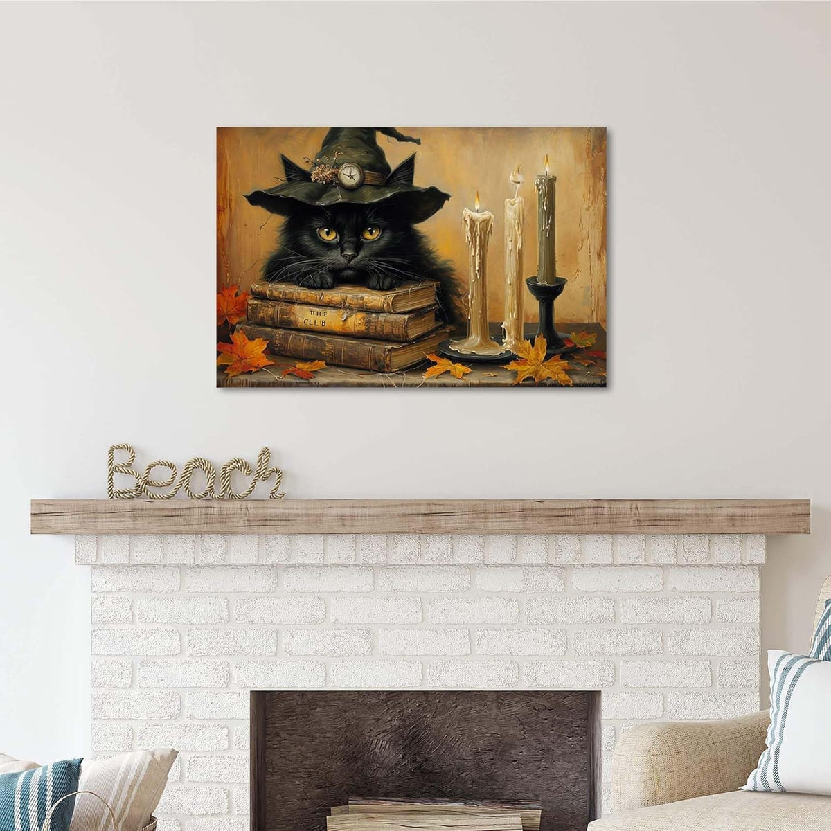 JFHCQJPK Vintage Halloween wall decoration black cat and magic book suitable for home bedroom living room decoration dark classic art witch wall decoration12x16in Frameless