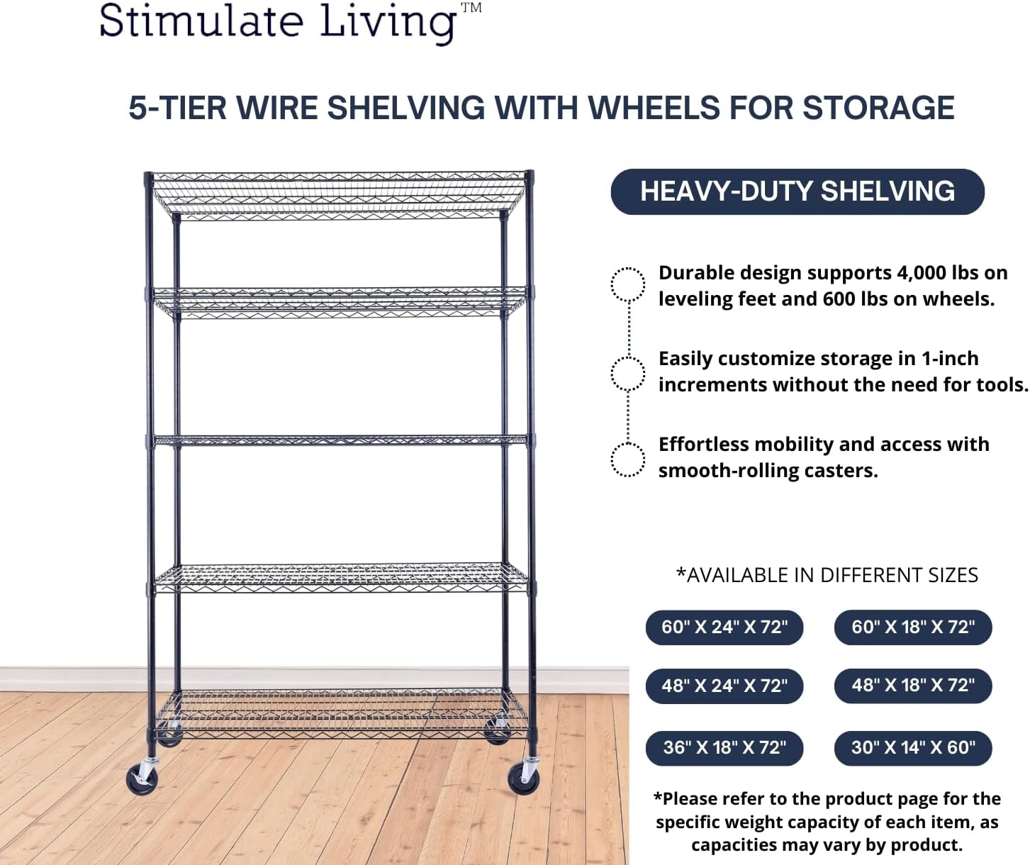 48"x24"x72" Prime Heavy Duty Black 5-Tier Steel Wire Shelving NSF 4000 LBS MAX Capacity Storage Rack for Commercial, School, Home, Garage, Warehouse, Industrial, and Hospital Uses (with Wheels) - NestledHome