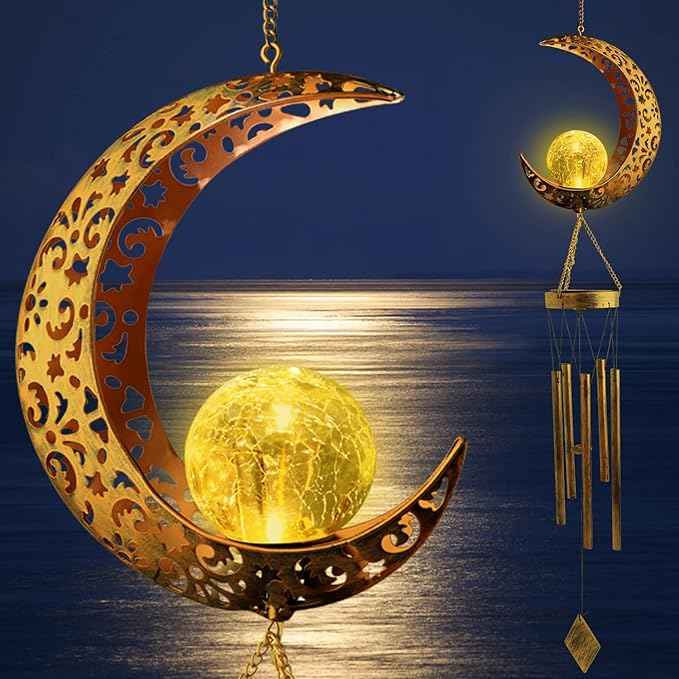 Solar Moon Wind Chimes for Outside Unique Birthday Gifts for Women Mom Grandma Crackle Glass Ball LED Wind Chimes Solar Lights Outdoor Decor Decorative Light for Garden Patio Yard Porch