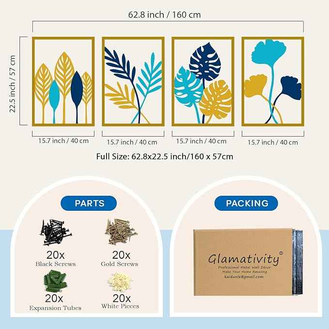 Glamativity Large 4 Pcs Colorful And Black Double-Sided Gold Leaf Metal Wall Art, 22.5 x 15.7'' Botanical Abstract Wall Décor Metal Leaf with Frame, 3D Textured Sculptures, Modern Wall Art With Ginkgo Biloba Design for Living Room Bedroom Bathroom Stud...