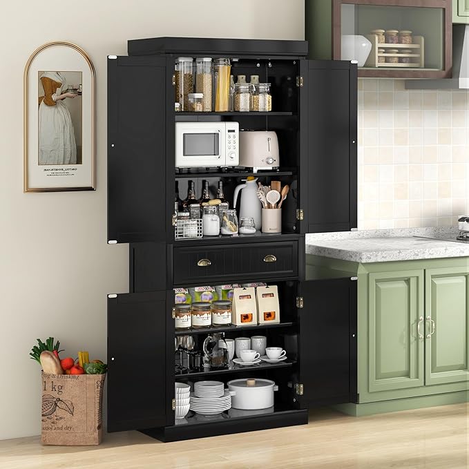 Nightcore Freestanding Kitchen Pantry Cupboard, 6ft Wood Cupboard w/ 4 Adjustable Shelves, 2 Wood Pantries, & 1 Drawer, Utility Storage Cabinet for Kitchen, Hallway, Living Room, Bathroom (Black)