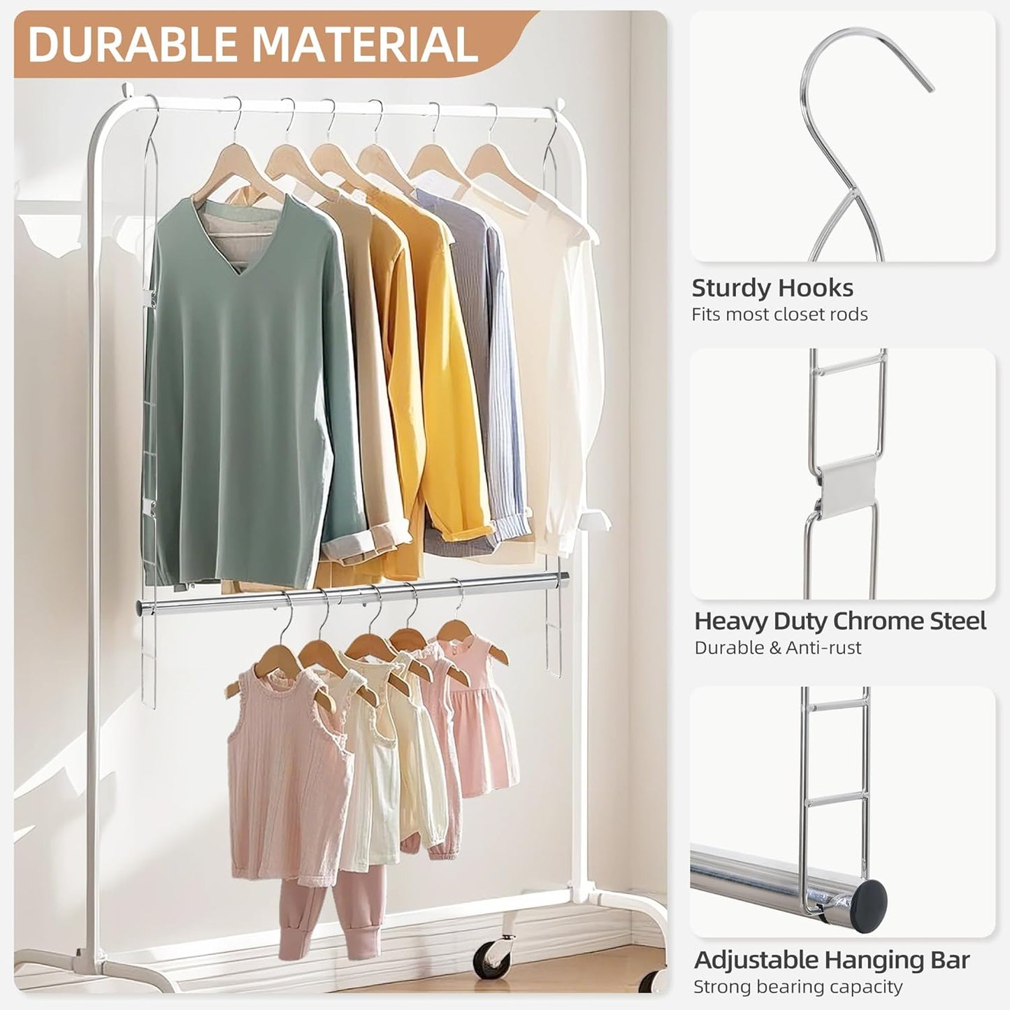 STORAGE MANIAC Hanging Closet Rod, Adjustable Width and Height Closet Hanging Organizer, Space-Saving Clothes Hanging Bar, Closet Extender Hanging Rod Double Closet Hanging Rod, 1 Pack Chrome - NestledHome
