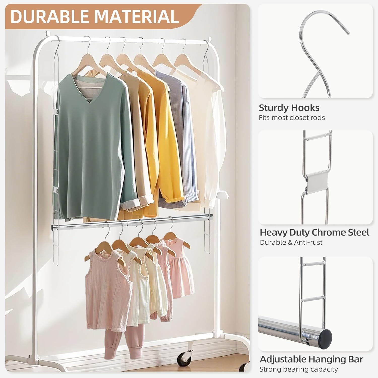 STORAGE MANIAC Hanging Closet Rod, Adjustable Width and Height Closet Hanging Organizer, Space-Saving Clothes Hanging Bar, Closet Extender Hanging Rod Double Closet Hanging Rod, 1 Pack Chrome - NestledHome