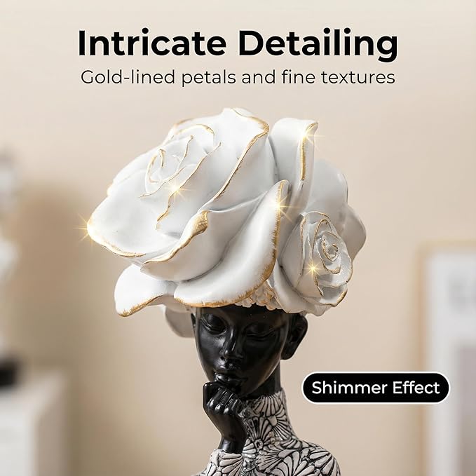 African Woman Sculpture with White Rose Headdress, Black and White Resin Statues, Modern Abstract African Art Statue for Home Decor Shelf Table Office Display