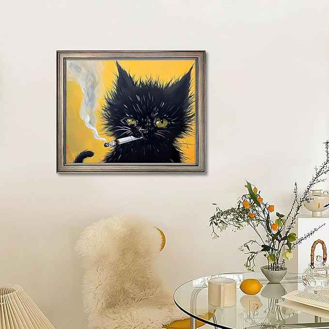 Vintage Framed Black Cat Painting Cat Portrait Wall Art Canvas Print Poster for Mens Room Living Room Bedroom Bathroom Home Decor