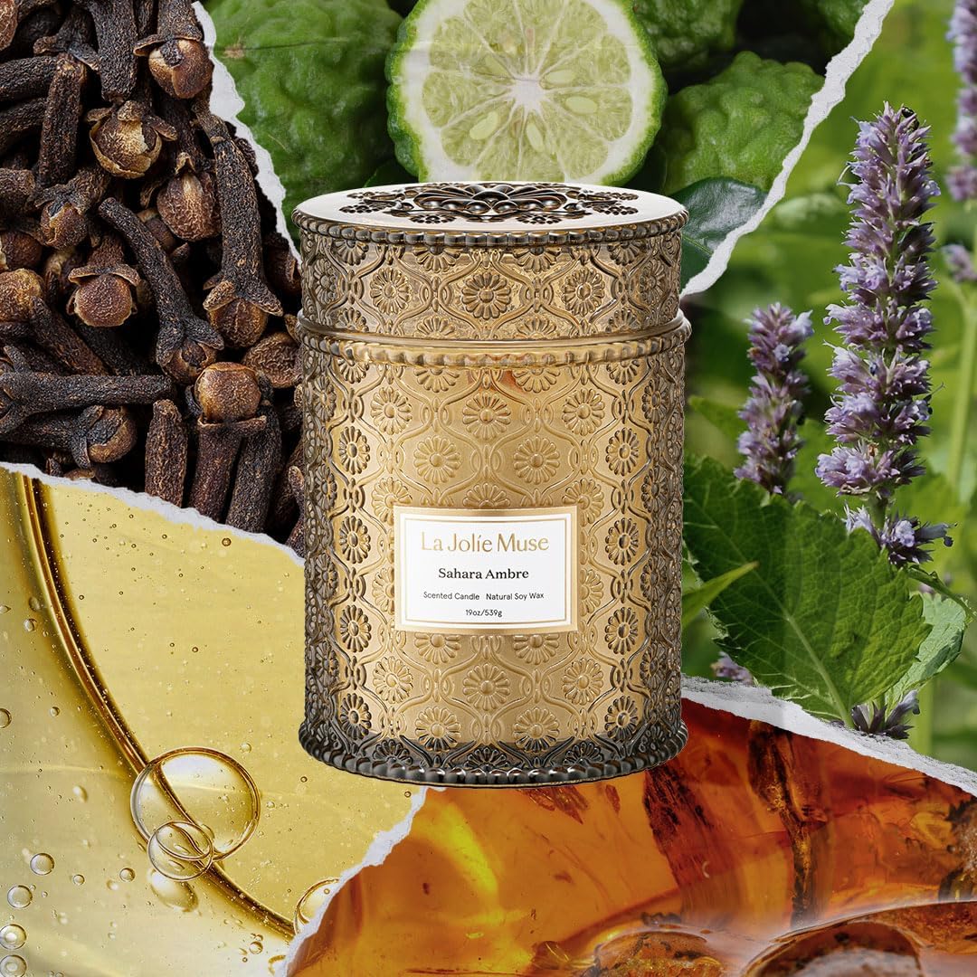 LA JOLIE MUSE Fall Candle | Sahara Amber Candle – Bergamot, Clove & Amber | 19 oz Wooden Wick | Natural Soy Wax | 90 Hours Clean Burn | Gift-Ready for Cozy Nights | Elevated Fall Décor - NestledHome