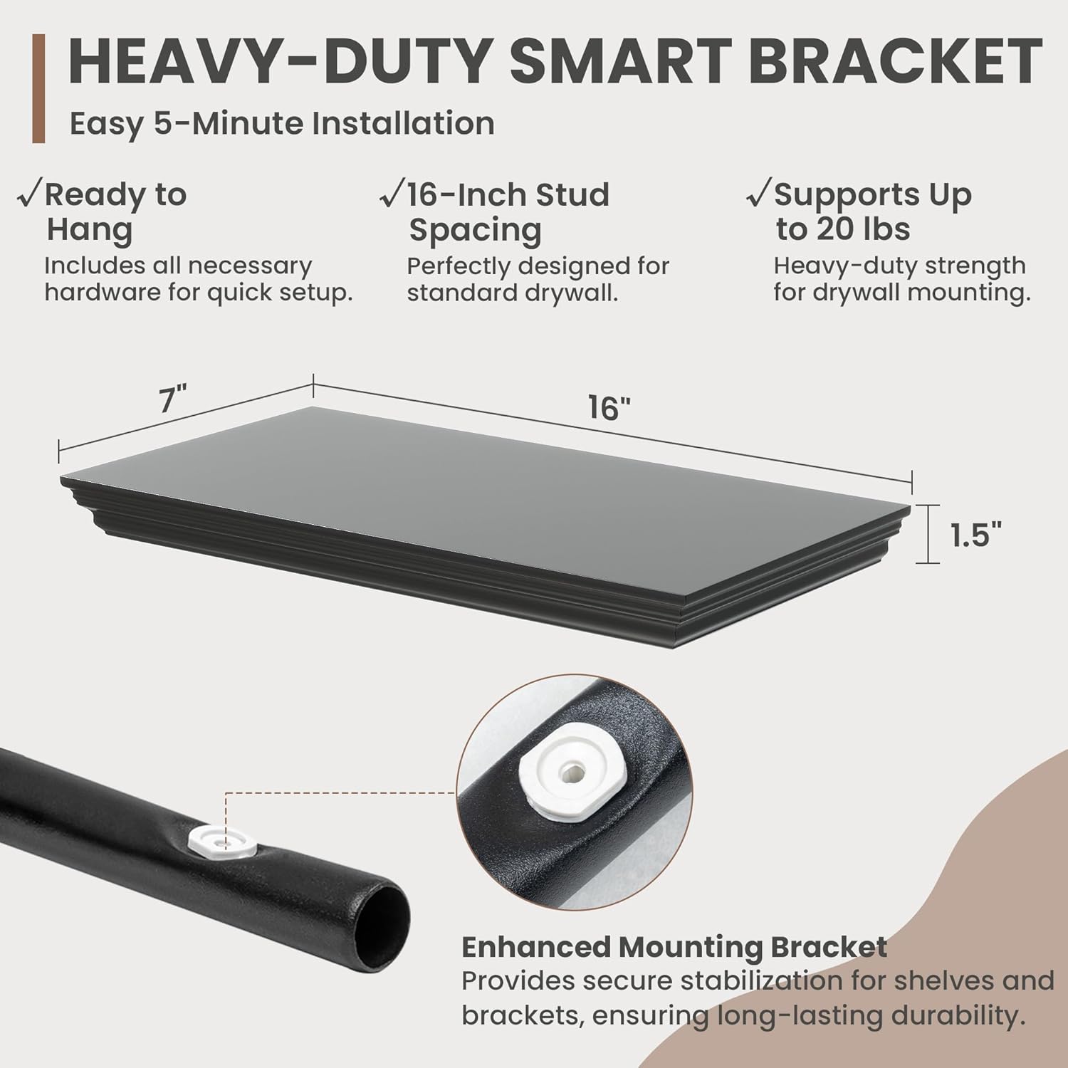 Floating Shelves for Wall, 16 Inch Wall Mounted Black Hanging Shelf for Kitchen, Living Room, Office, Bedroom, Bathroom, Retro Vintage Wood Bookshelf for House Decor - NestledHome