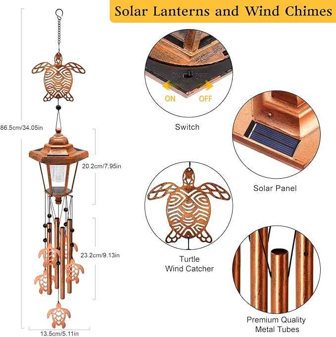 Large Solar Turtle Wind Chimes, Gifts for Women Mom Grandma Wife Sister Daughter Neighbor, Classic Bronze Wind Chimes with Wind Catcher, Solar Decor Lights for Outdoor Garden Patio Yard Porch Window