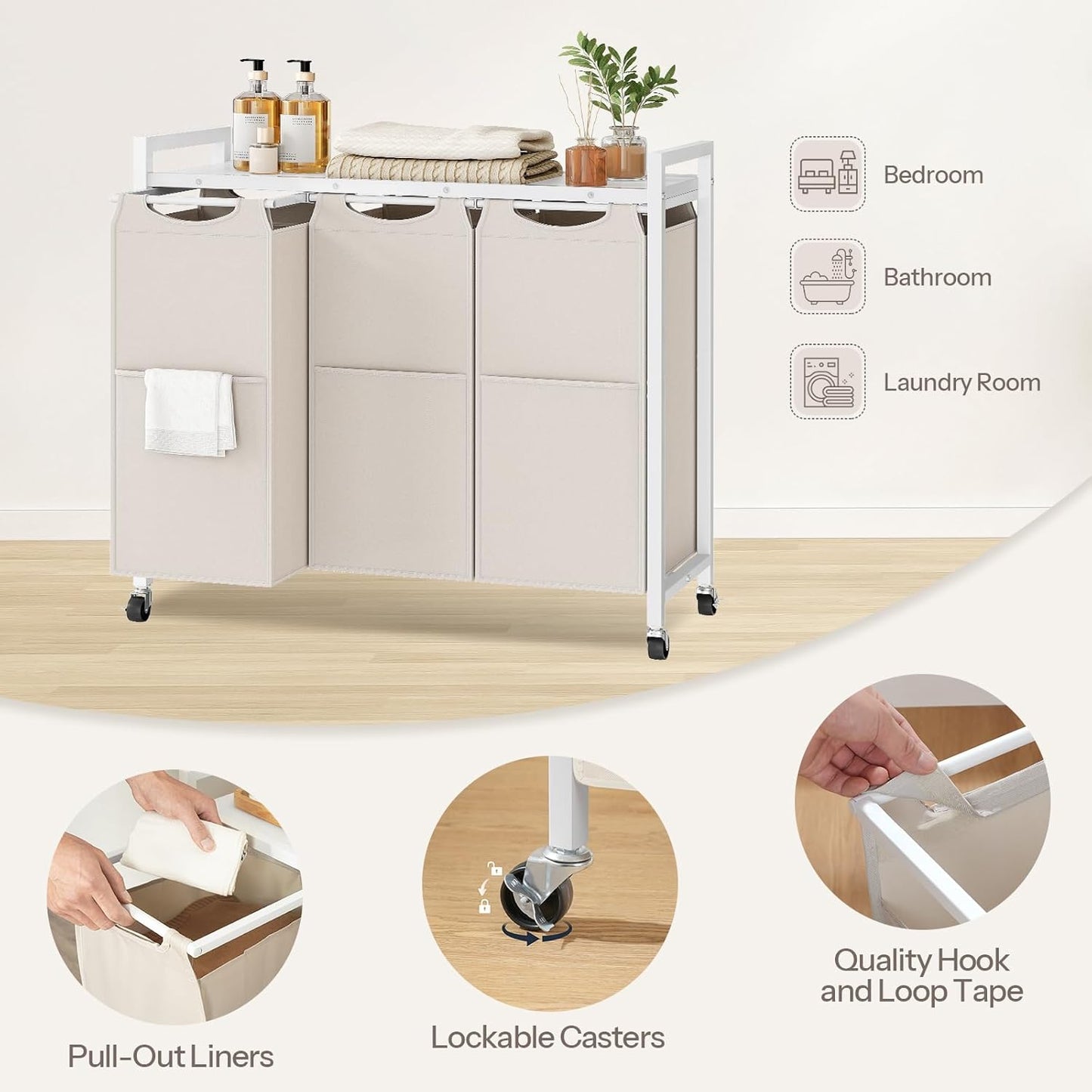 HOOBRO Laundry Sorter 3 Section, Laundry Hamper with Wheels, 3 × 11.5 Gal (43.4L), Rolling Laundry Basket, Pull-Out and Removable Oxford Fabric Bags, White WG76XY01 - NestledHome