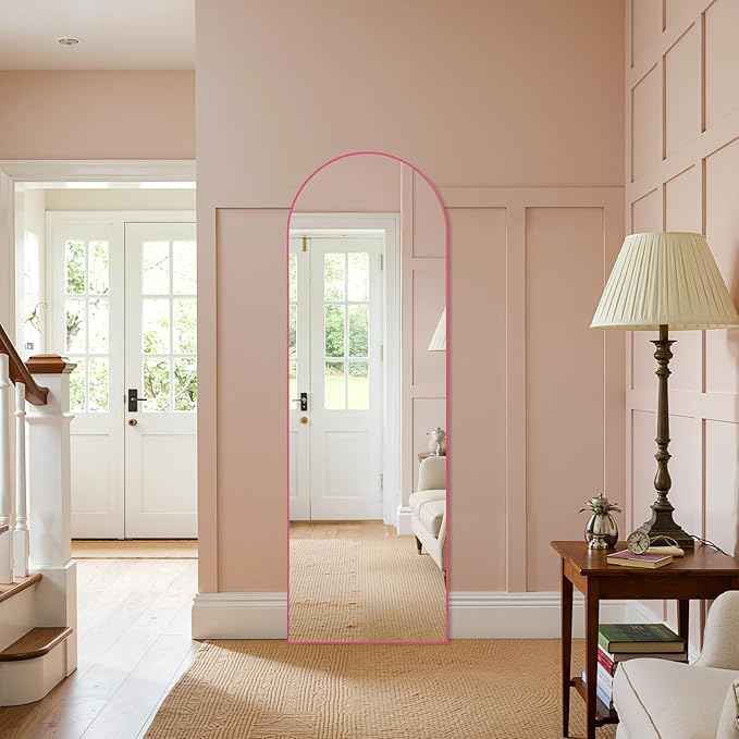 Anpark 19"x57"Arched Full Length Mirror, Full Body Mirror with Stand, Aluminum Frame for Bedroom & Hanging Leaning Modern Simple Home Decor Shatter-proorf Nano Glass Wall Living Room Cloakroom, Pink