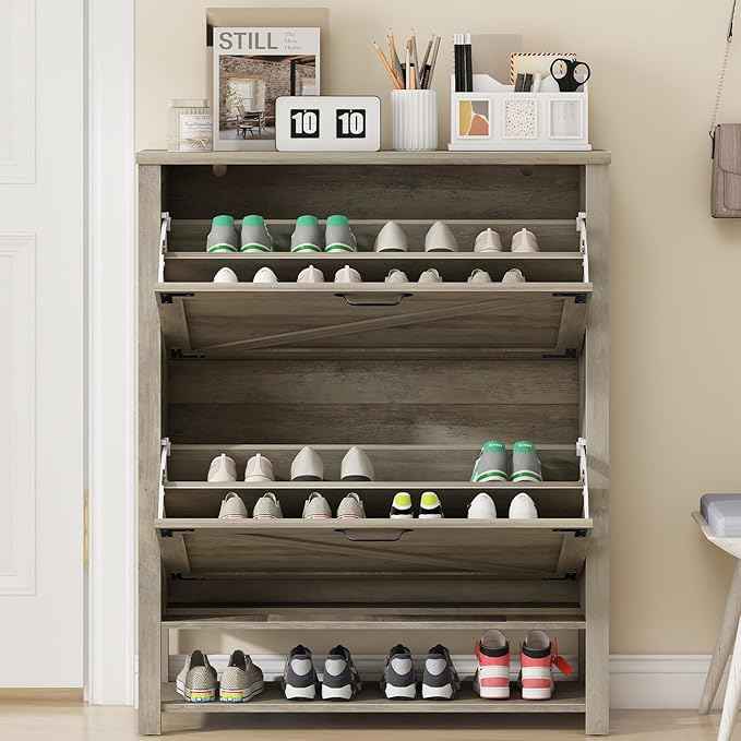 Vabches Shoe Storage Cabinet, Farmhouse Freestanding Organizer with 2 Flip Drawers, Wooden Hidden Narrow Slim Shoe Rack Cabinet for Entryway, Hallway, Foyer, Grey